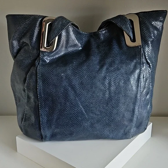 KOOBA Elegant Denim Blue Snake Embossed Glossed Tote Shoulder Bag - Picture 6 of 10